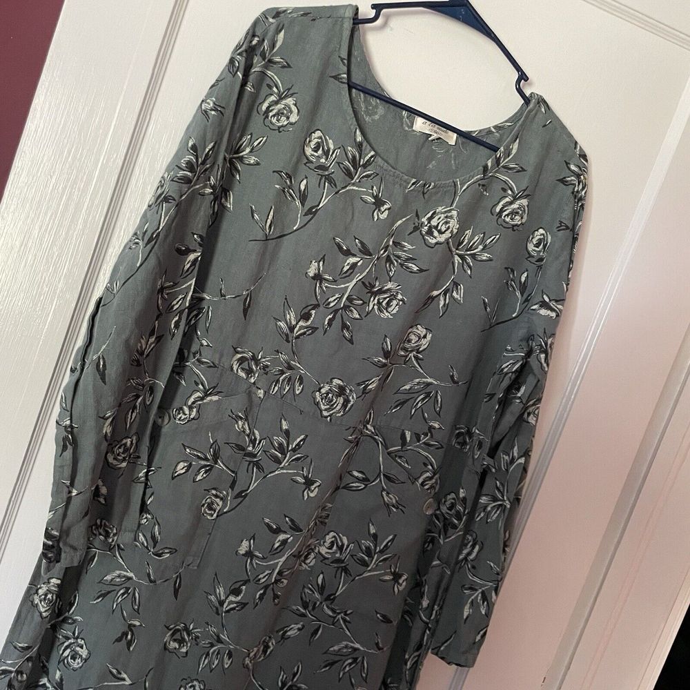 Vintage A La Mode Blue/Green Floral Long Linen Dress Longsleeve
